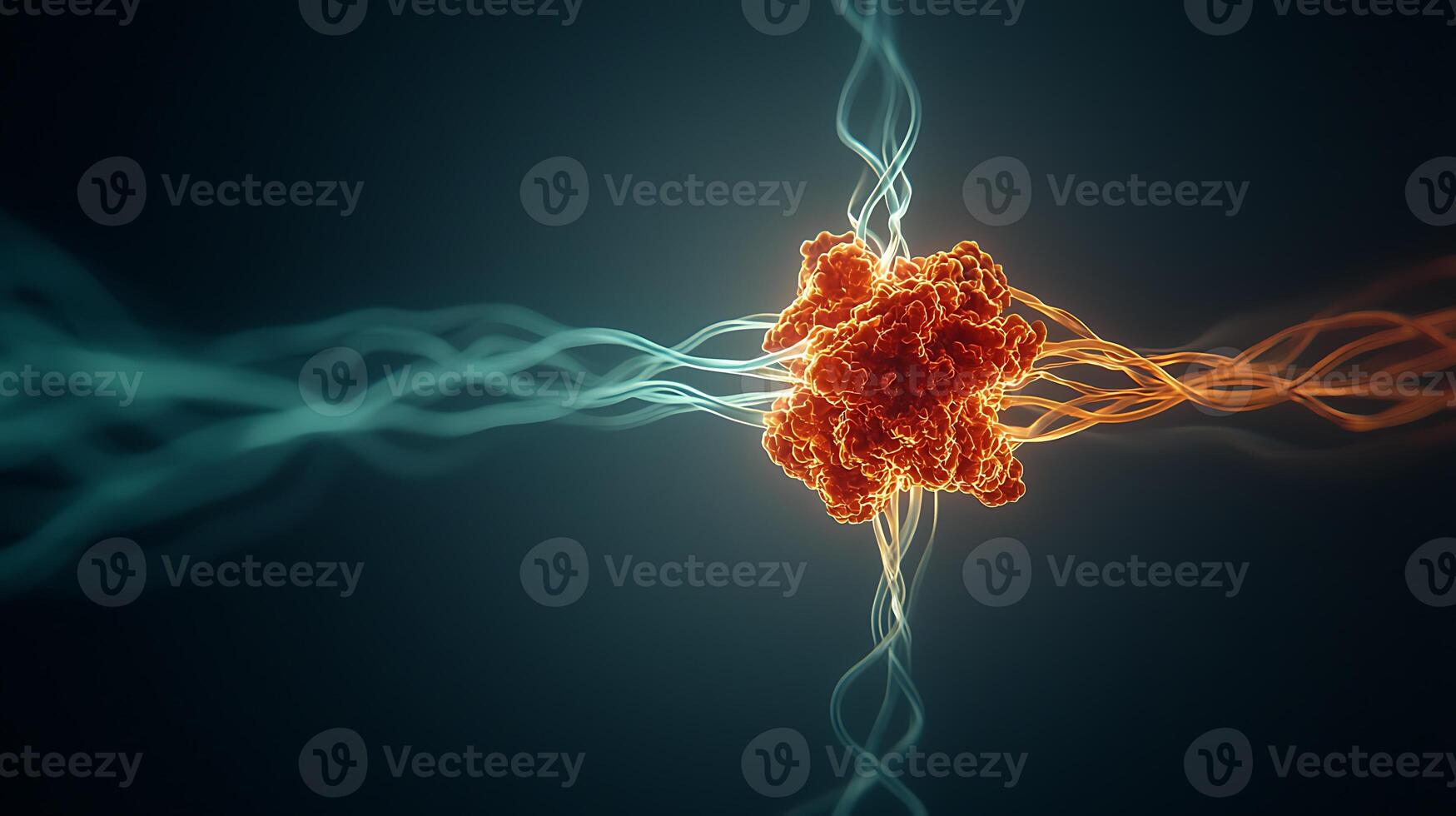 Abstract representation of energy waves intersecting with a vibrant core amidst a dark background photo