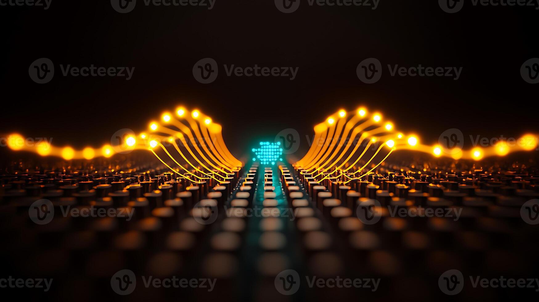 Abstract representation of electronic signals flowing through a circuit board at night photo