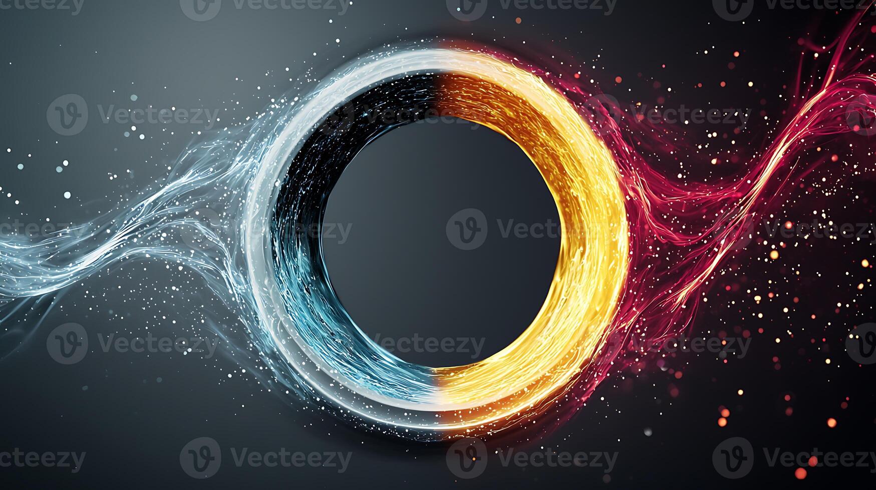 Abstract representation of duality with swirling elements of fire and ice in a circular formation photo