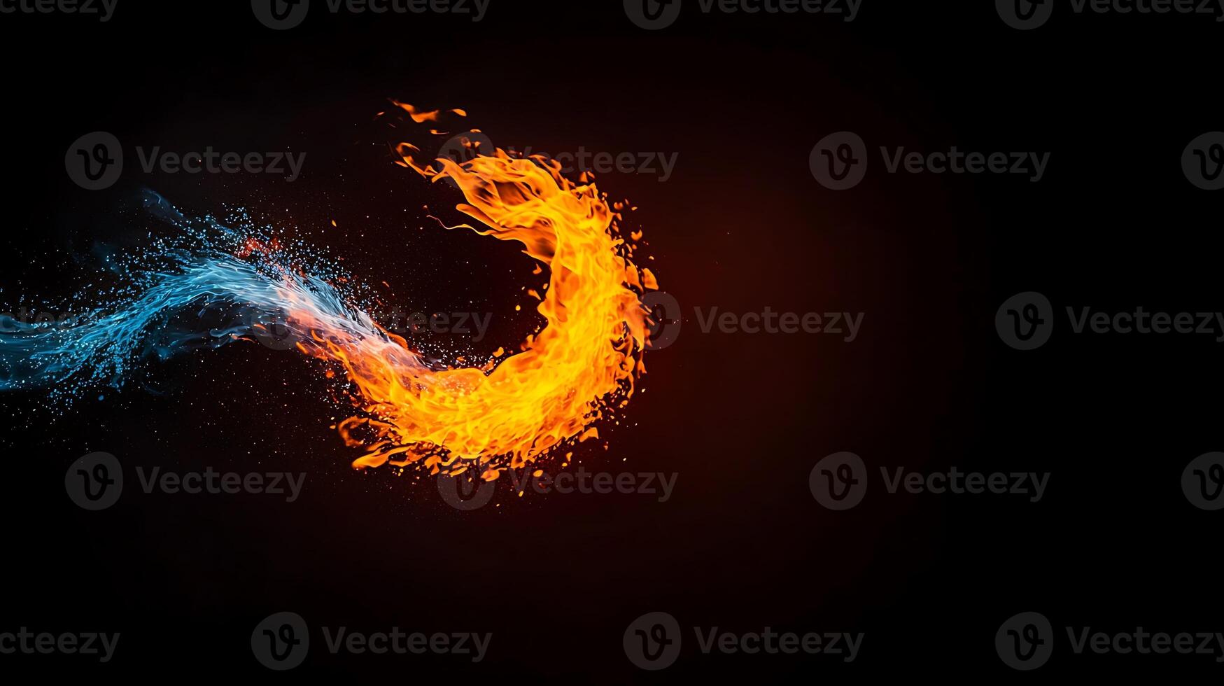 Abstract representation of fire and water blending together in a dynamic swirl against a dark backdrop photo