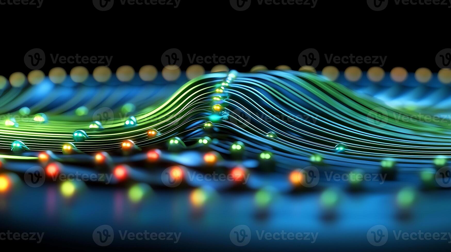 Abstract representation of flowing light waves with colorful orbs, creating a dynamic visual effect photo
