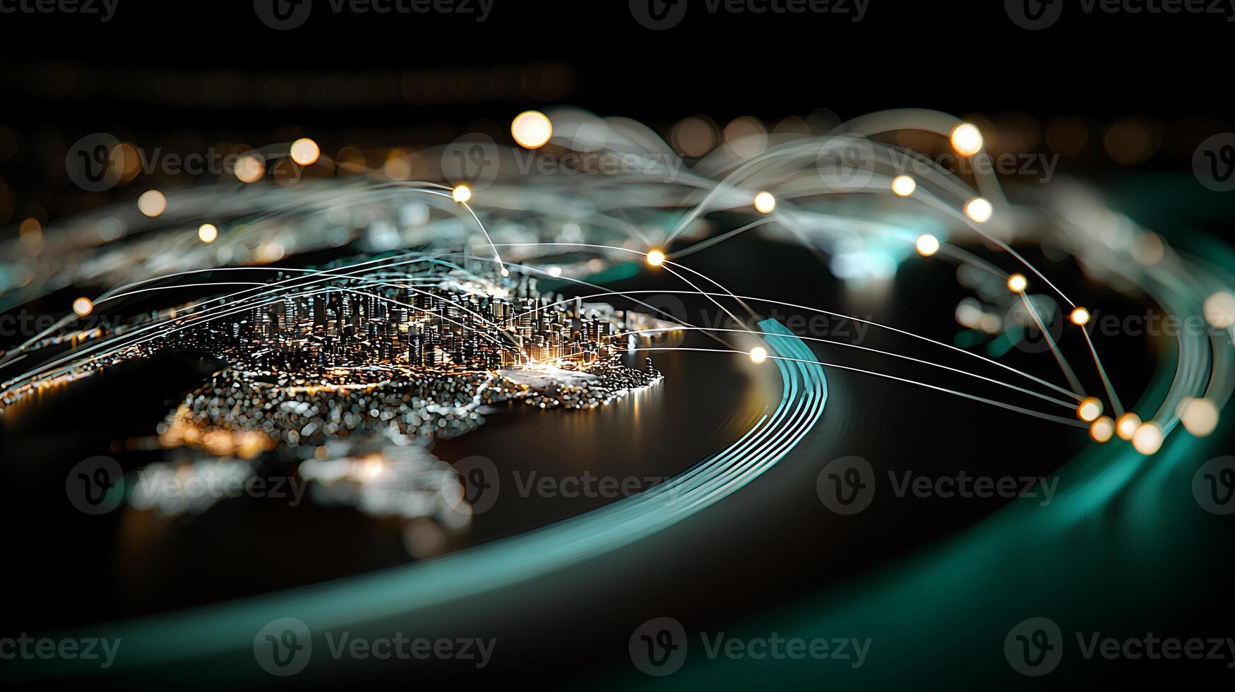 Abstract representation of global connectivity with illuminated cities and data flow in the background photo
