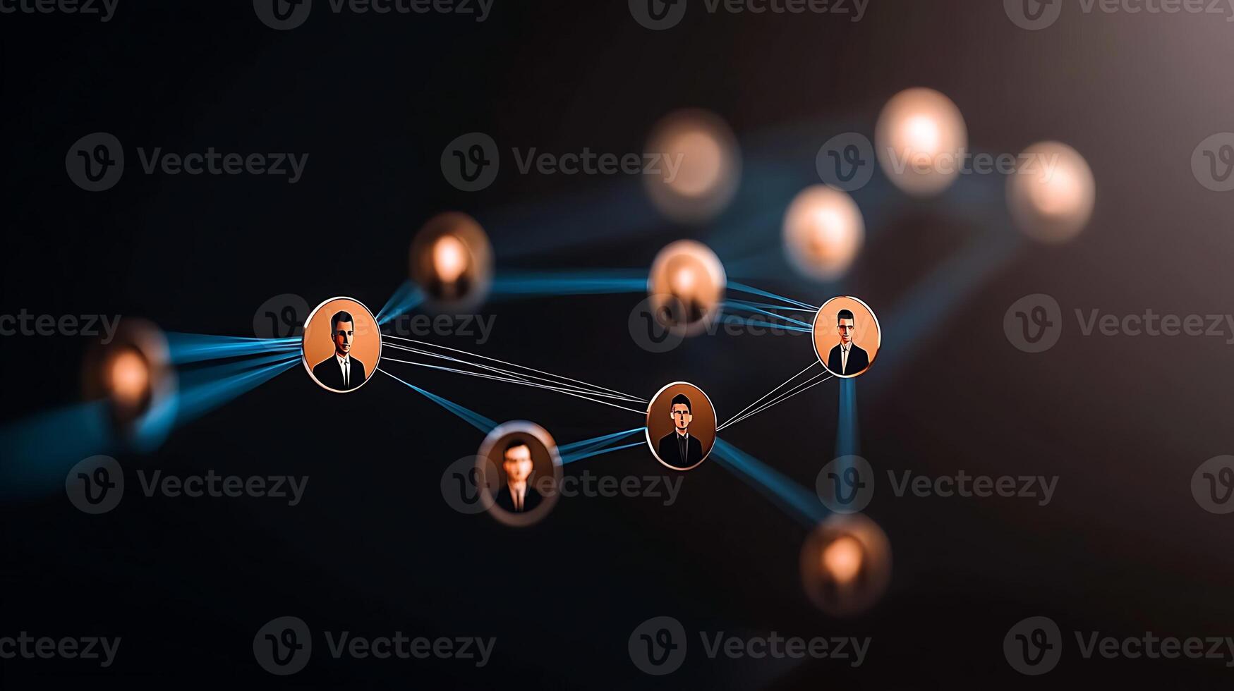 Abstract representation of social connections with human icons and glowing lines on a dark background photo