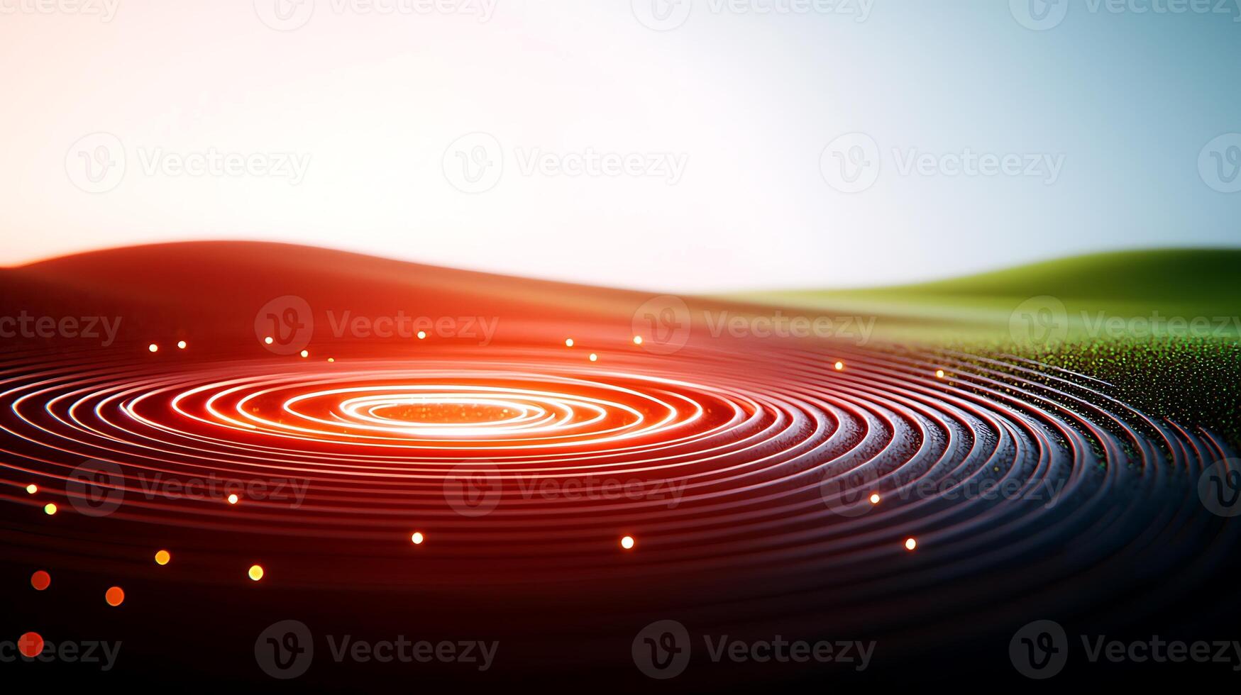 Abstract representation of rippling waves in vibrant colors across a serene landscape photo