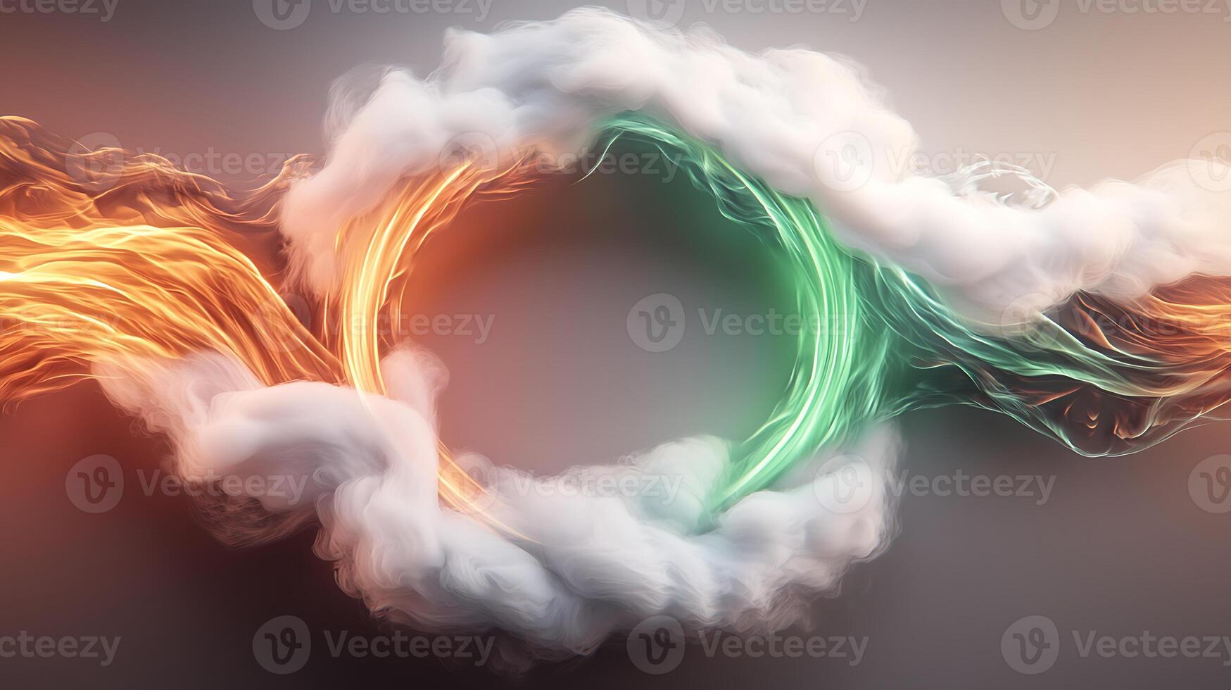 Abstract representation of swirling colored smoke in orange and green forming a circular pattern photo