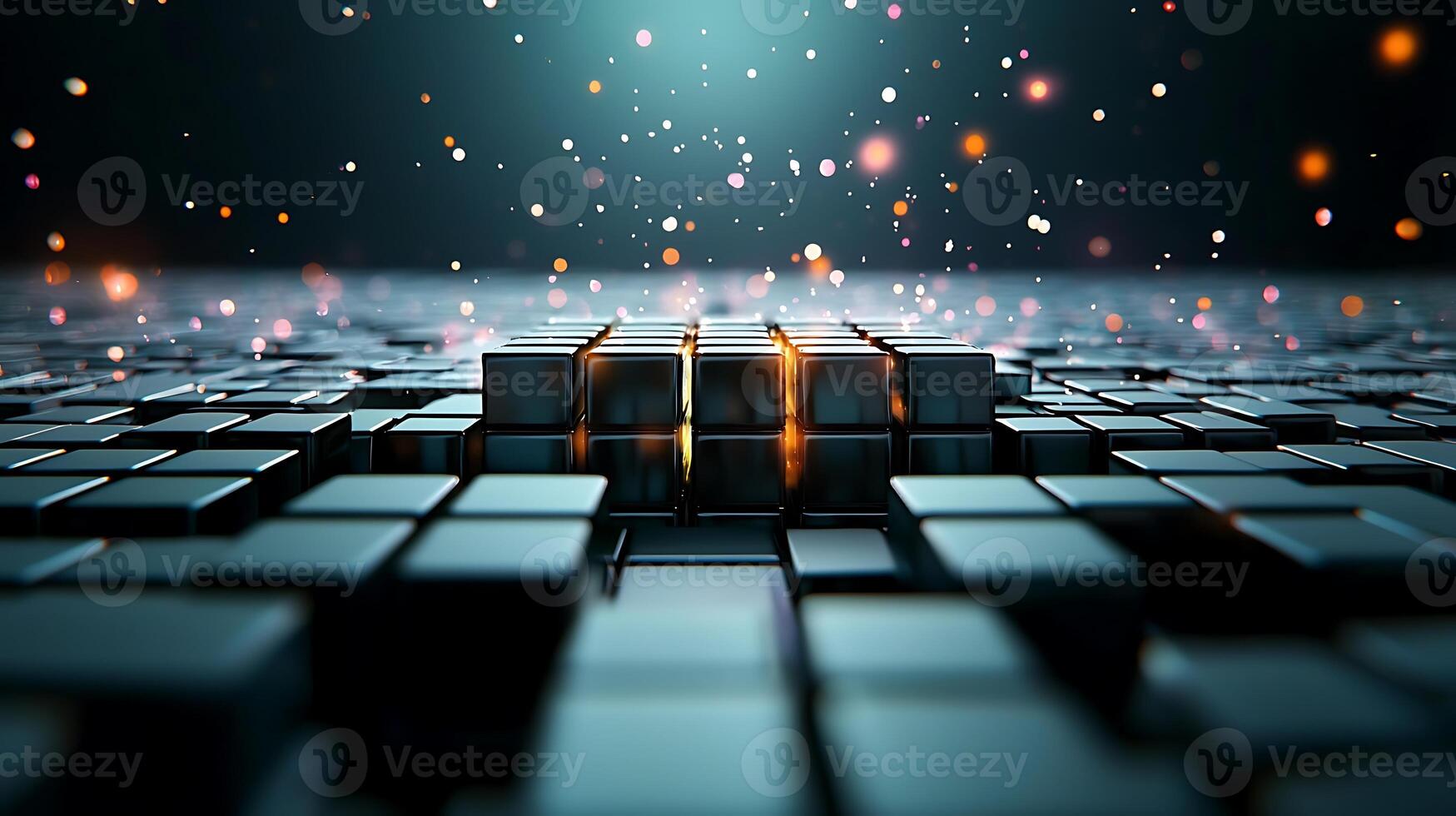 Abstract scene of illuminated metallic cubes in a dark, sparkling environment with depth photo