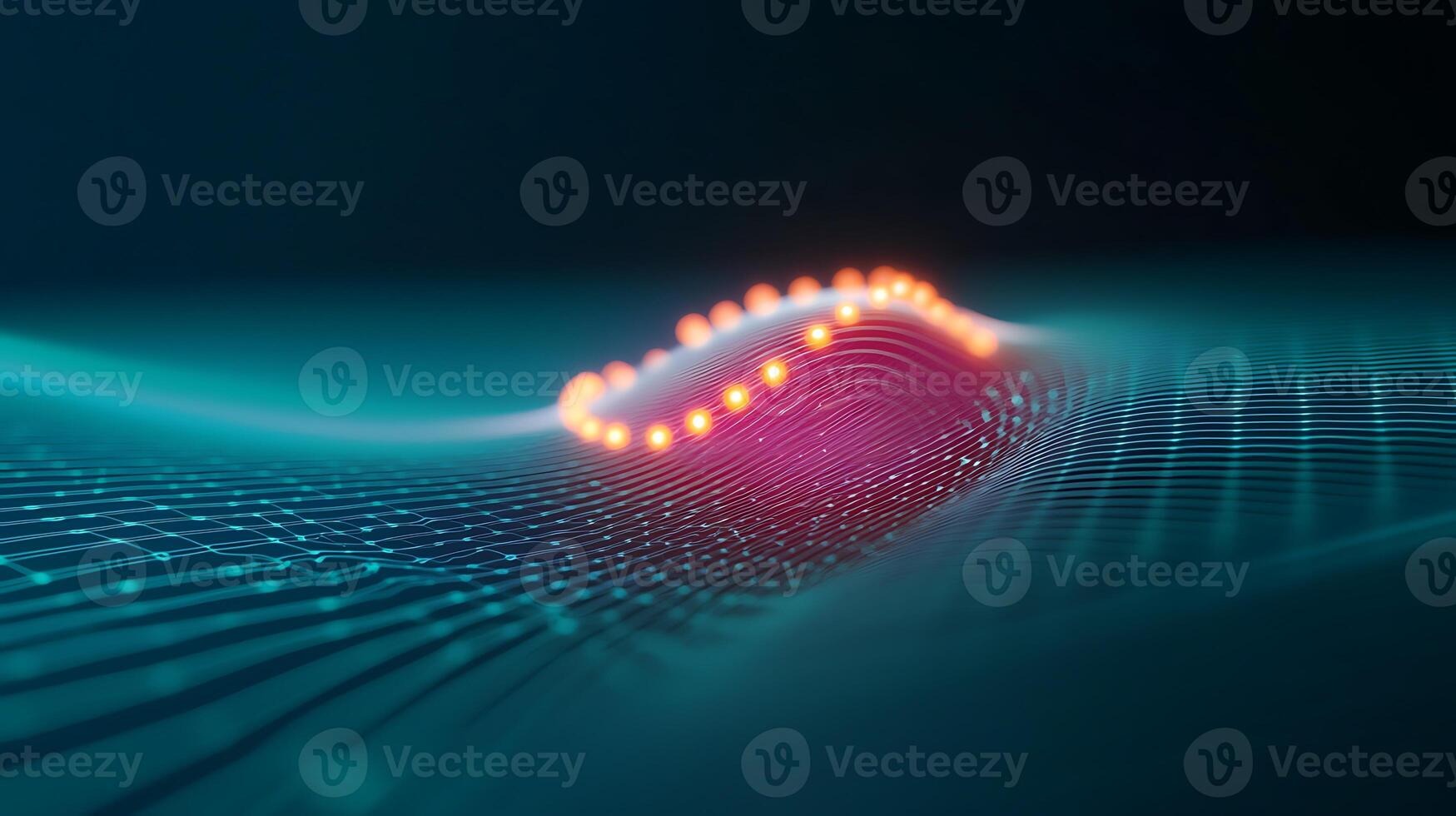 Abstract representation of wave patterns with glowing nodes in a futuristic digital landscape photo
