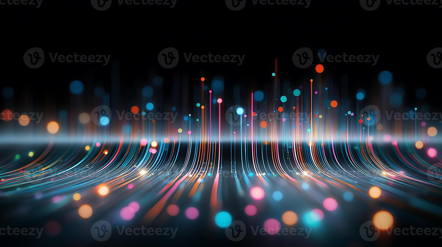 Abstract visualization of vibrant sound waves with colorful light patterns in a dark background photo