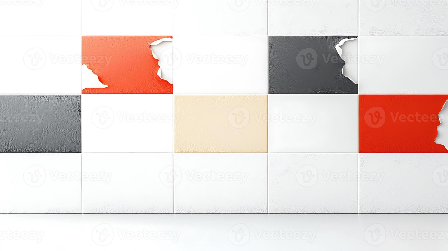 Abstract wall design featuring damaged tiles in various colors, showcasing texture and depth photo