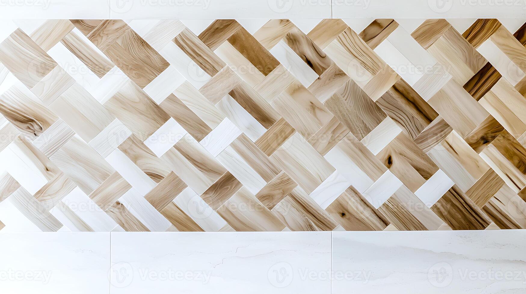 Abstract wall design featuring a herringbone pattern with light and dark wood tones photo