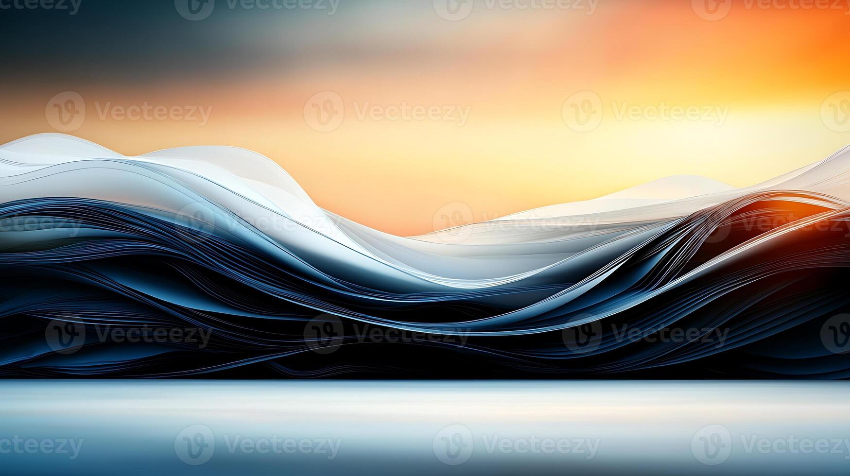 Abstract waves of blue and white flow under a vibrant sunset sky, creating a serene atmosphere photo
