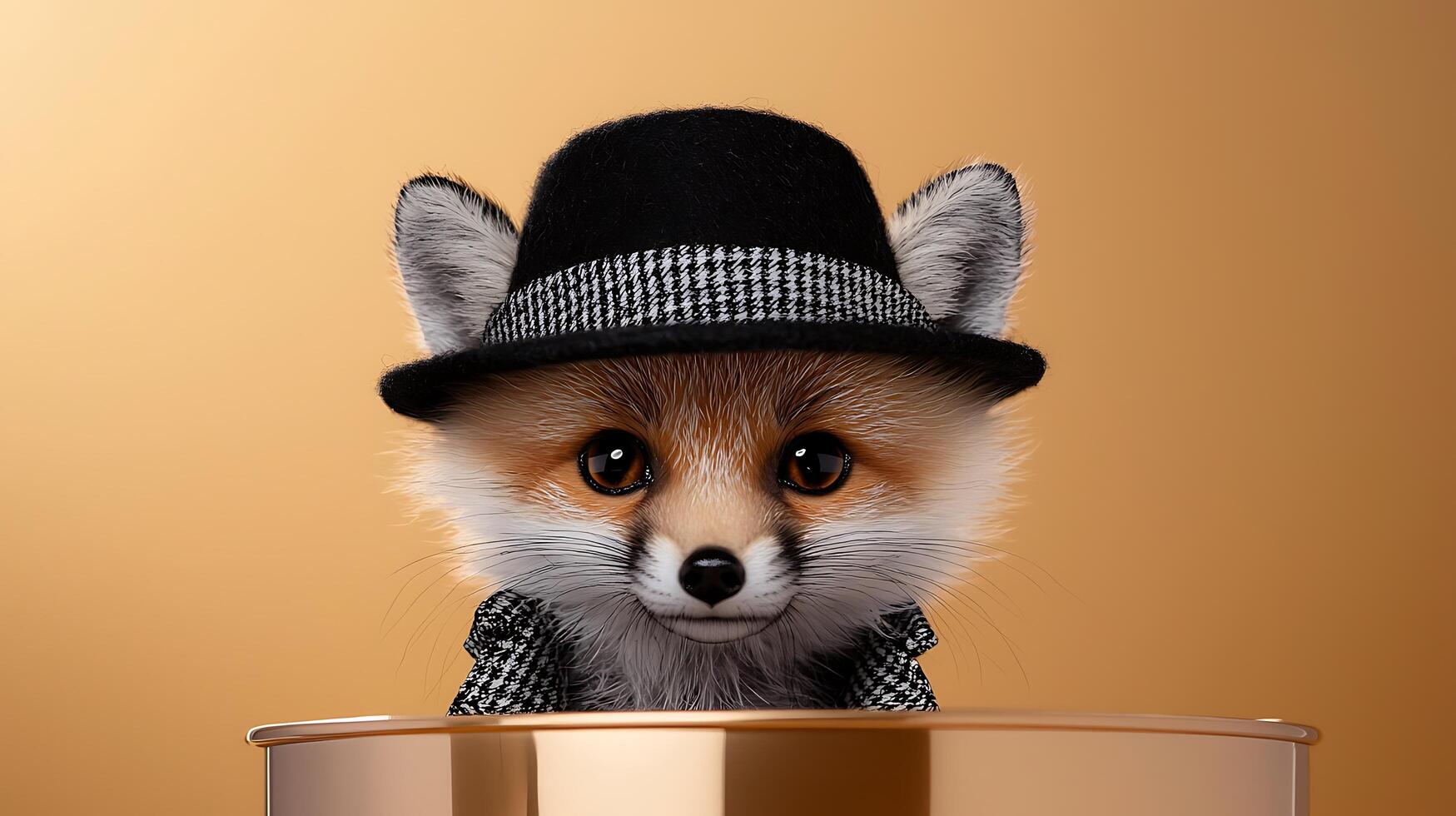 Adorable fox character wearing a stylish hat, peeking from a shiny container against a warm backdrop photo