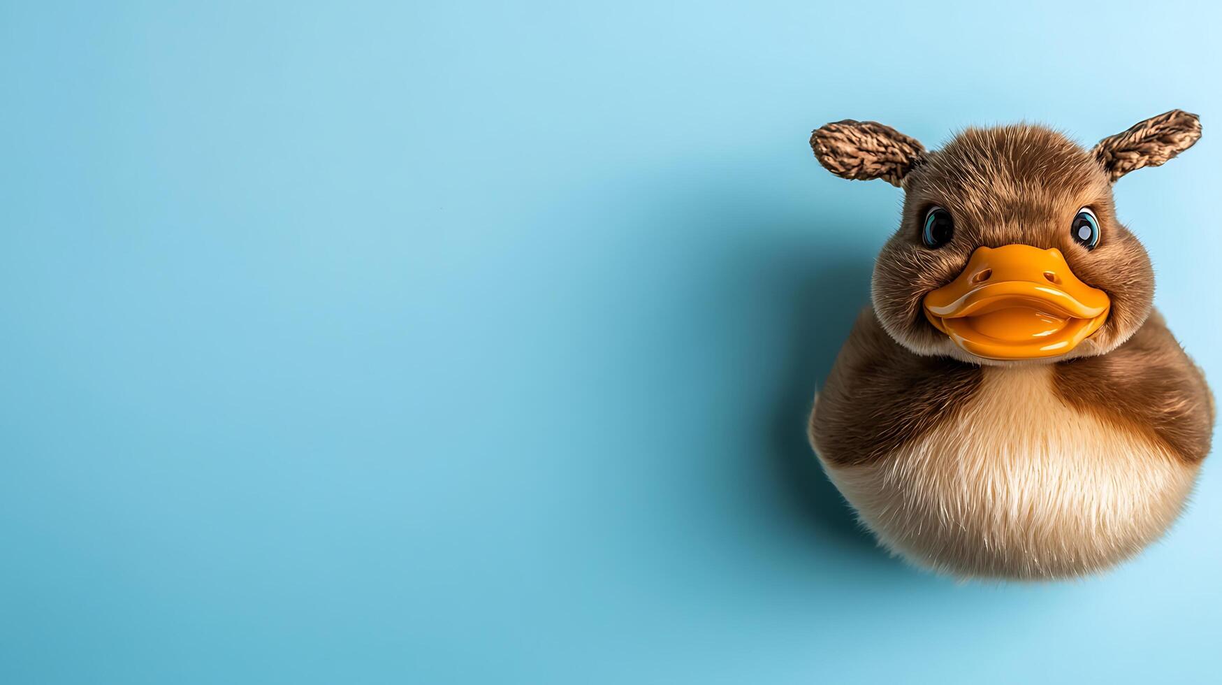Adorable plush duck with unique features against a soft blue background, ideal for children's products photo