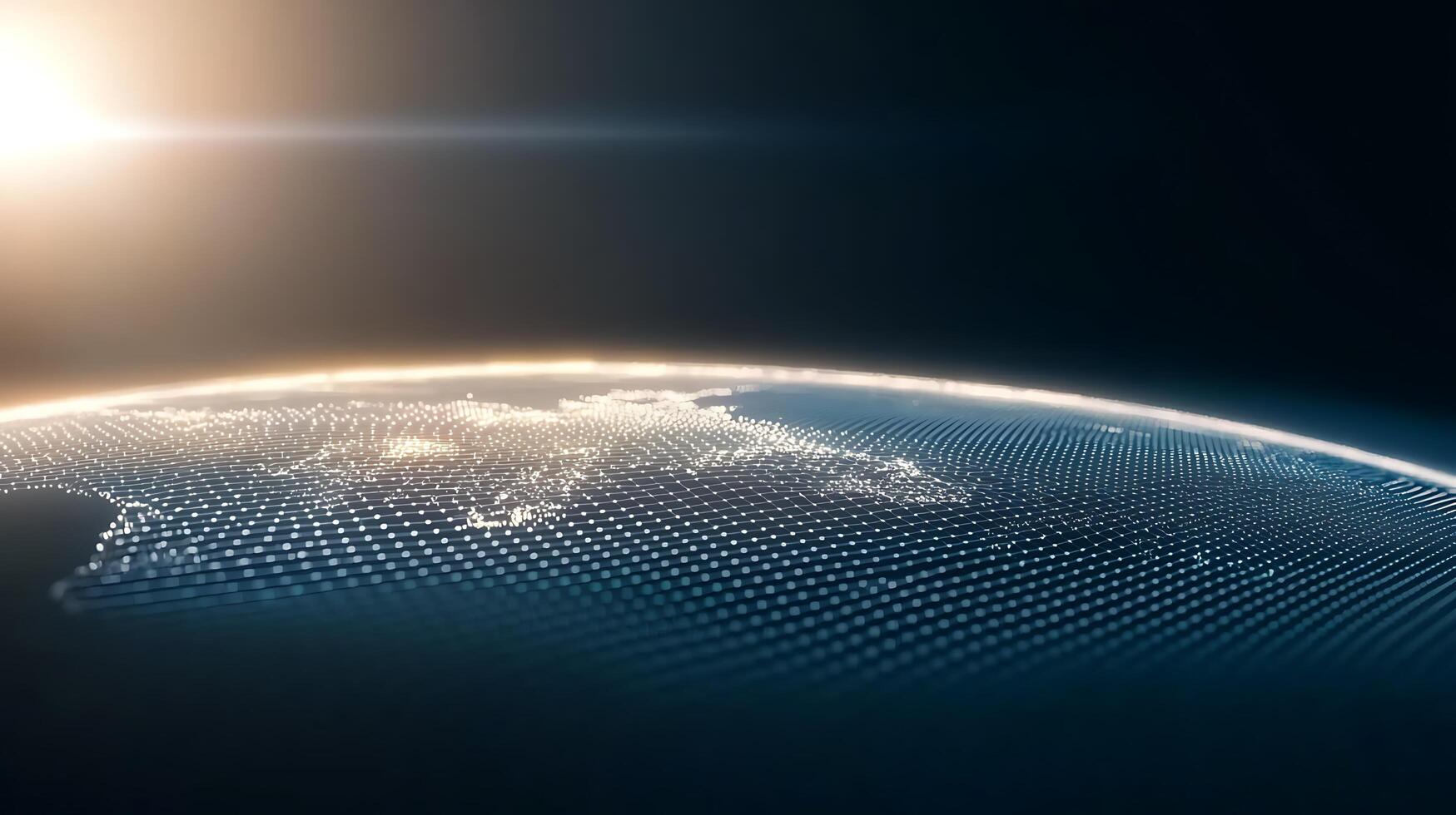 Aerial view of Earth showcasing continents illuminated by sunrise with digital dots highlighting geography photo