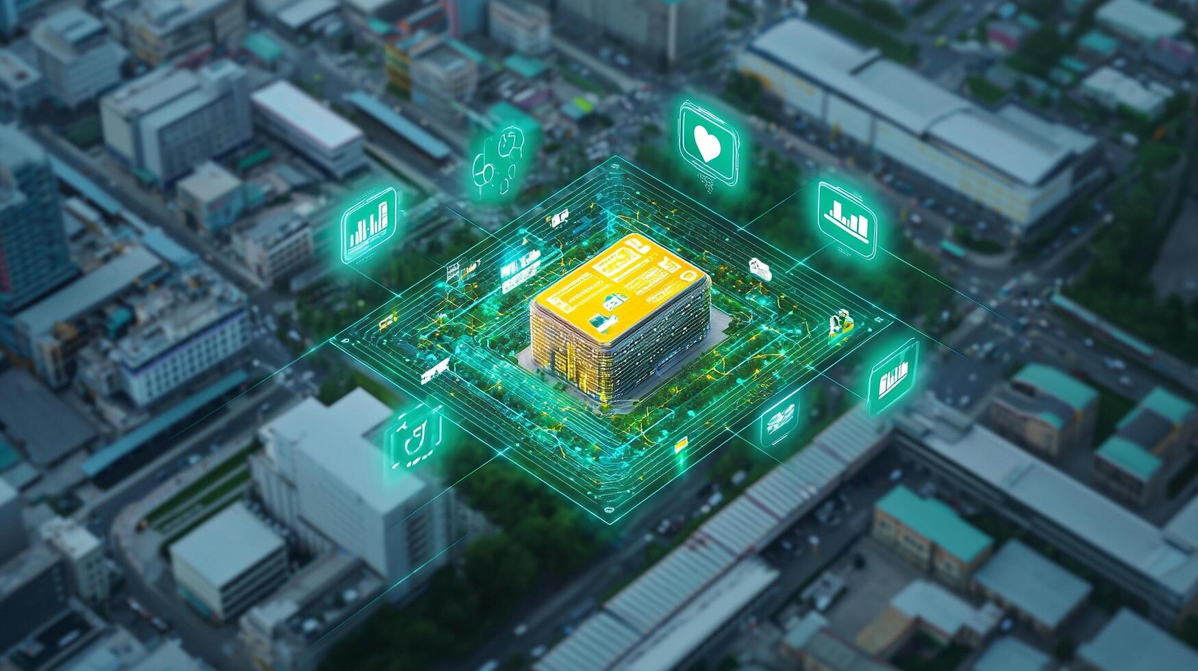 Aerial view of a modern building surrounded by digital icons representing technology and services photo