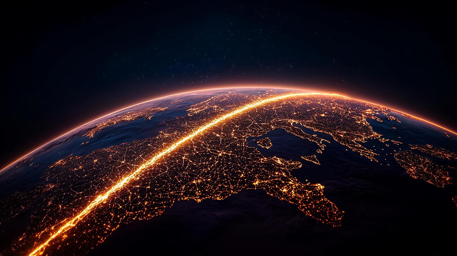 Aerial view of Earth at night showcasing illuminated cities and natural landscapes photo
