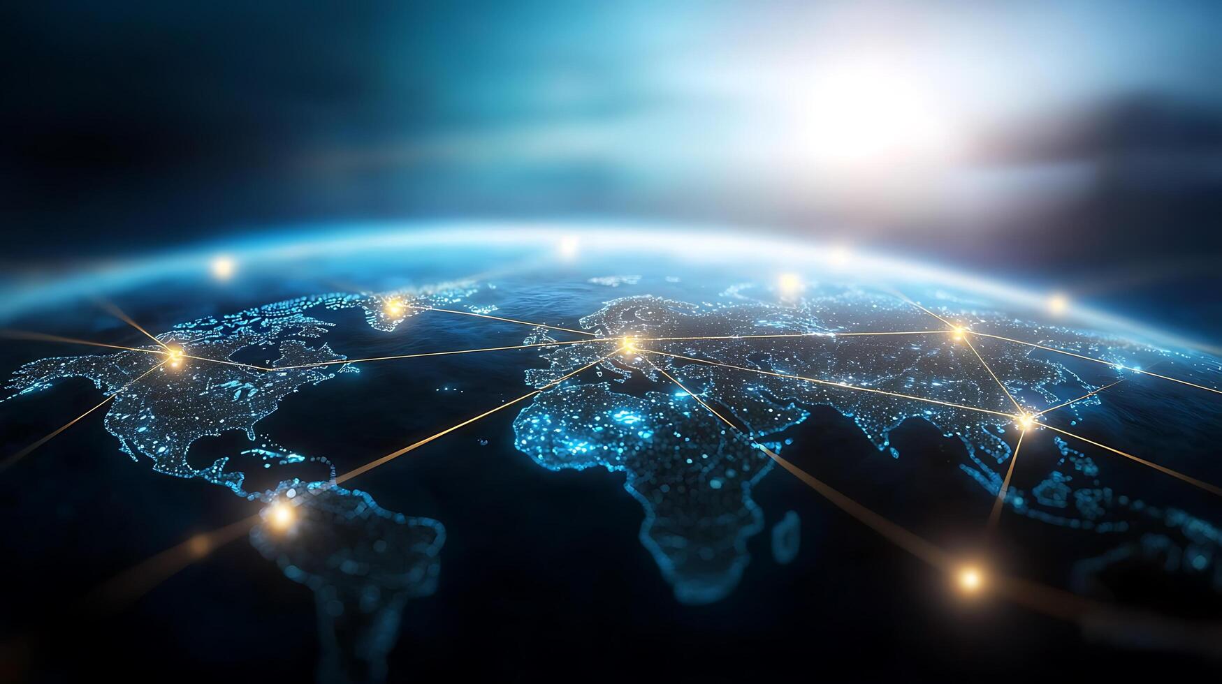 Aerial view of Earth with illuminated cities and network connections against a cosmic backdrop photo