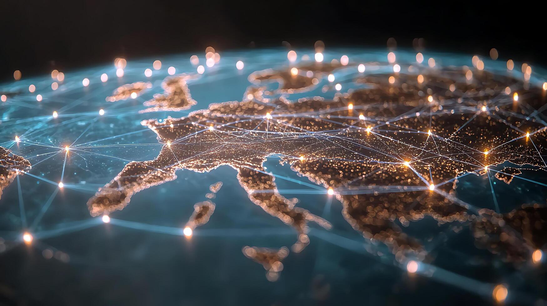Aerial view of Europe illuminated at night, showcasing connectivity through a network of lights photo