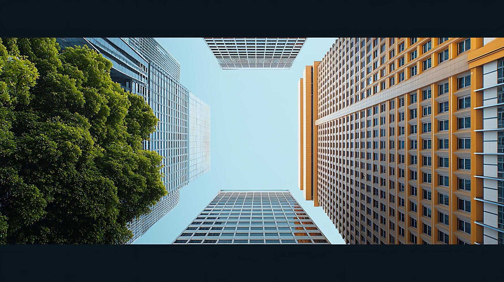 Aerial view of modern skyscrapers framed by lush greenery under a clear blue sky photo