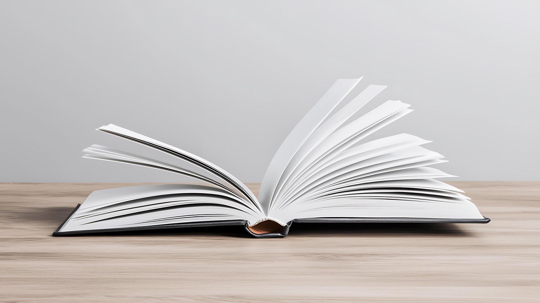 An open book displaying blank pages on a wooden surface, highlighting simplicity and potential photo