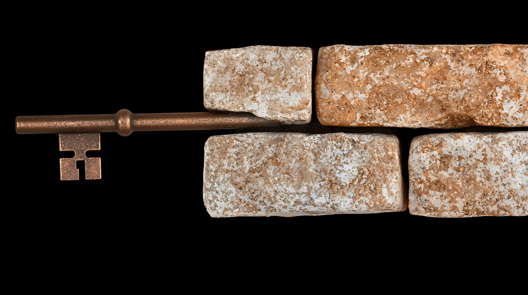Ancient key resting on weathered stone bricks, showcasing intricate details against a dark background photo