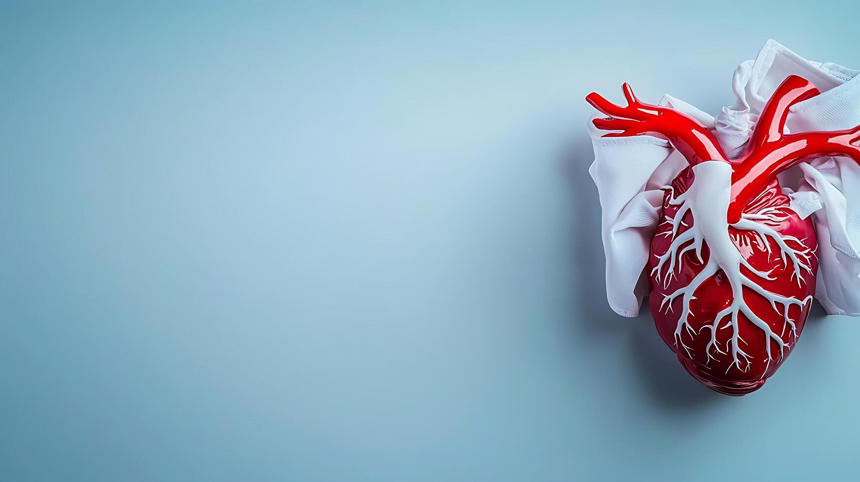 Anatomical model of a human heart displayed against a soft blue background, emphasizing details photo
