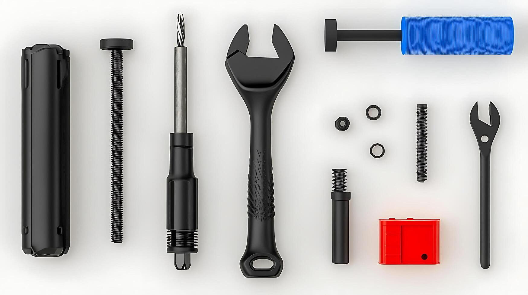 Arrangement of Various Tools Including Wrench, Screwdrivers, and Fasteners on a Clean Surface photo