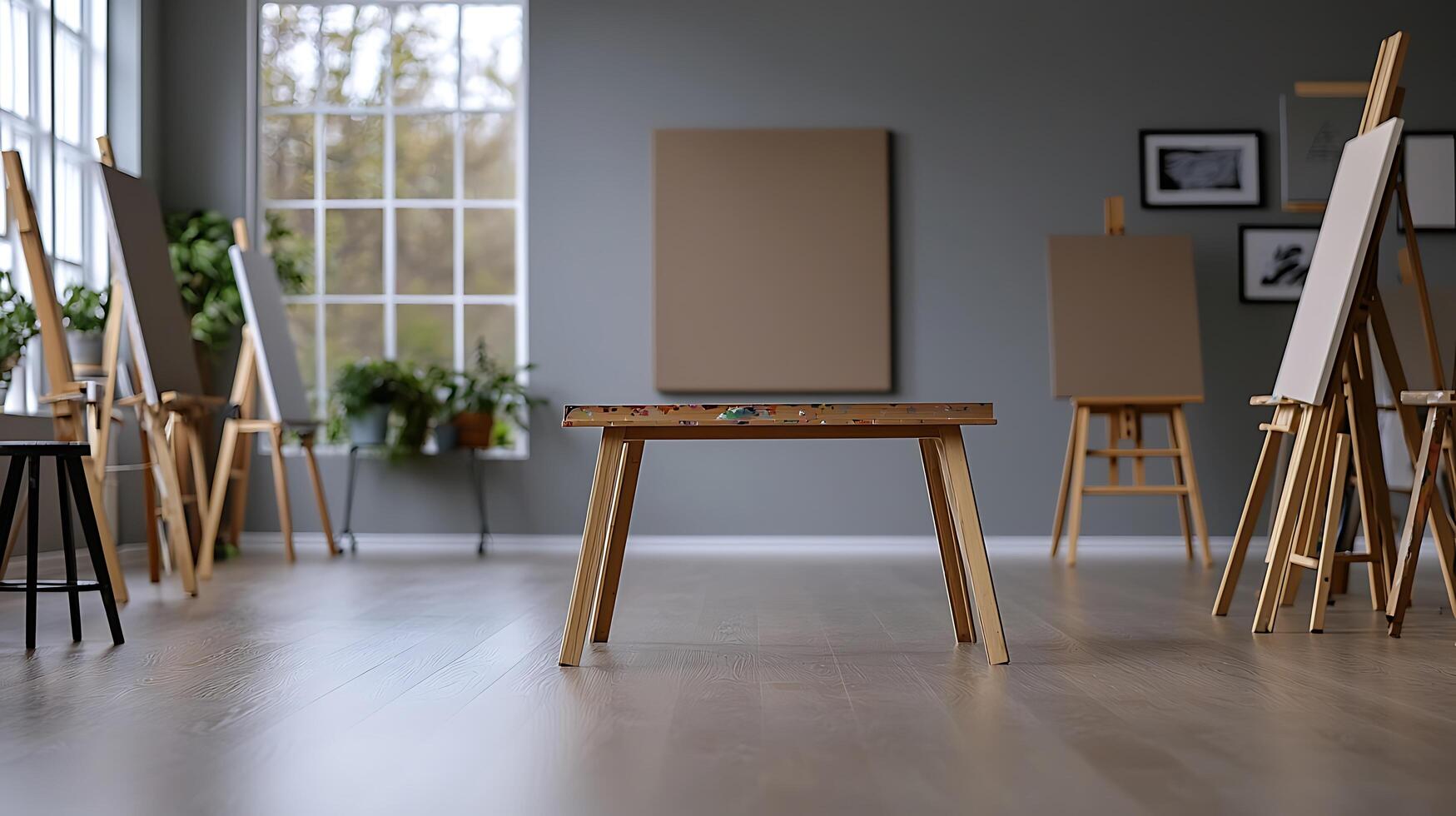 Art studio interior with easels and blank canvases, showcasing a creative atmosphere photo