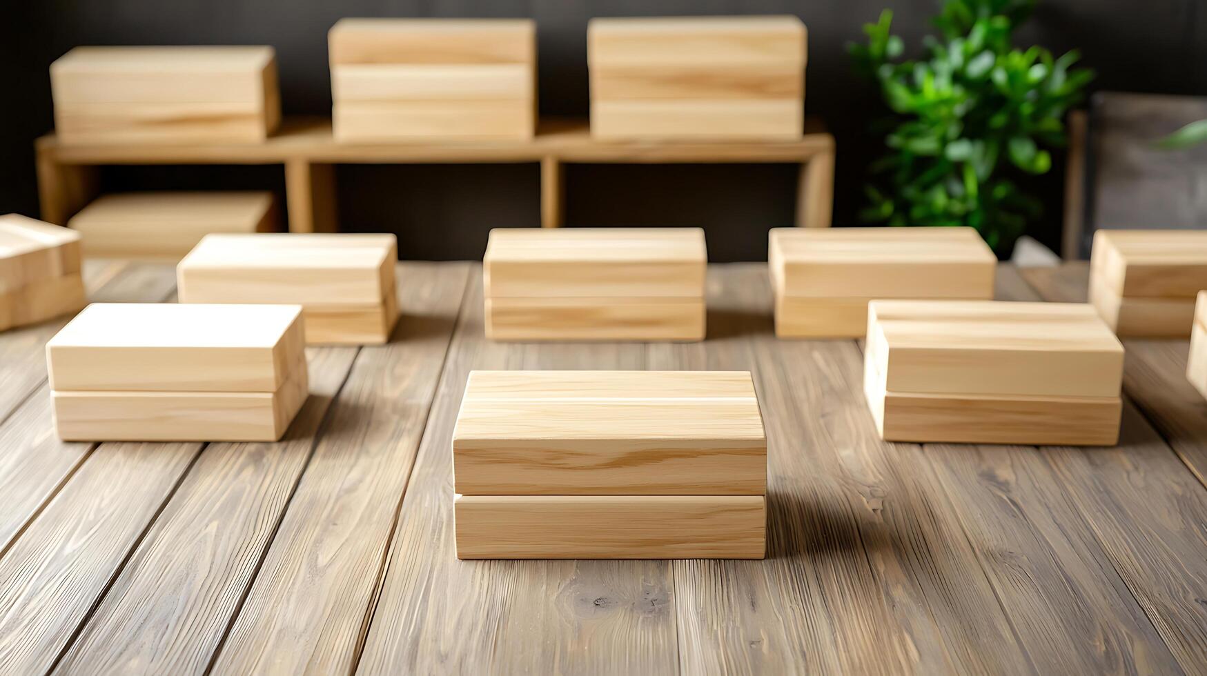 Arrangement of wooden boxes on a rustic table with greenery in the background, showcasing simplicity photo