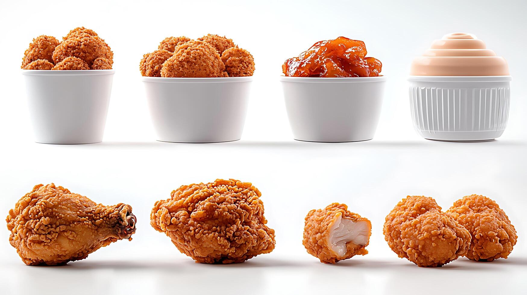 Assorted fried chicken pieces and snacks displayed in white bowls against a clean background photo
