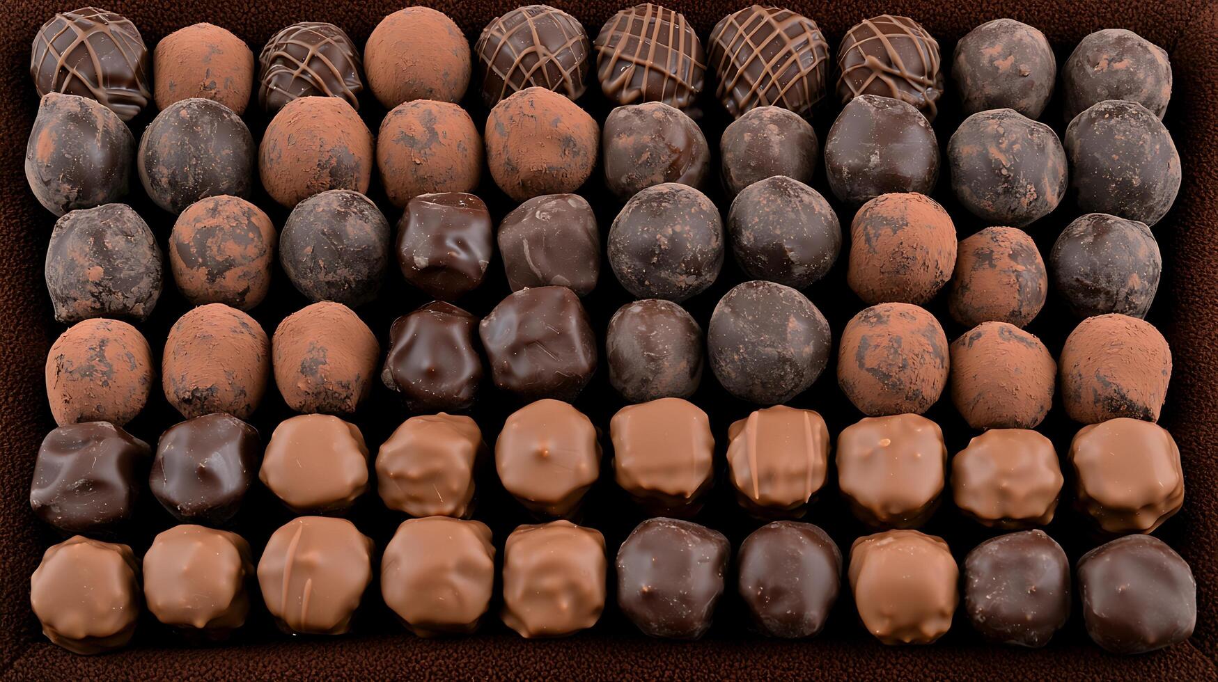 Assorted chocolate truffles arranged neatly on a textured brown surface, evoking indulgence and luxury photo