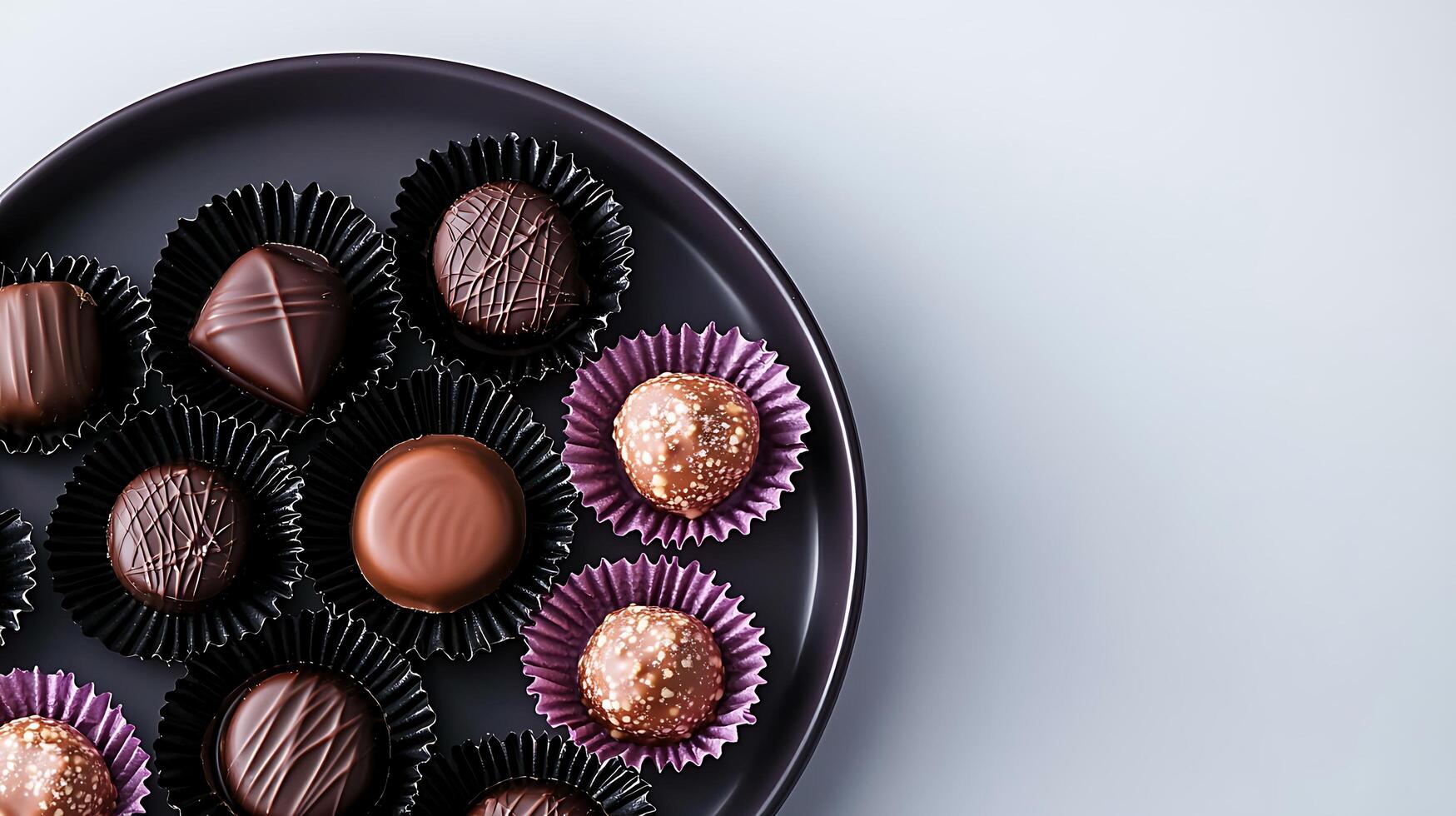 Assorted gourmet chocolates elegantly arranged on a dark plate against a soft background photo