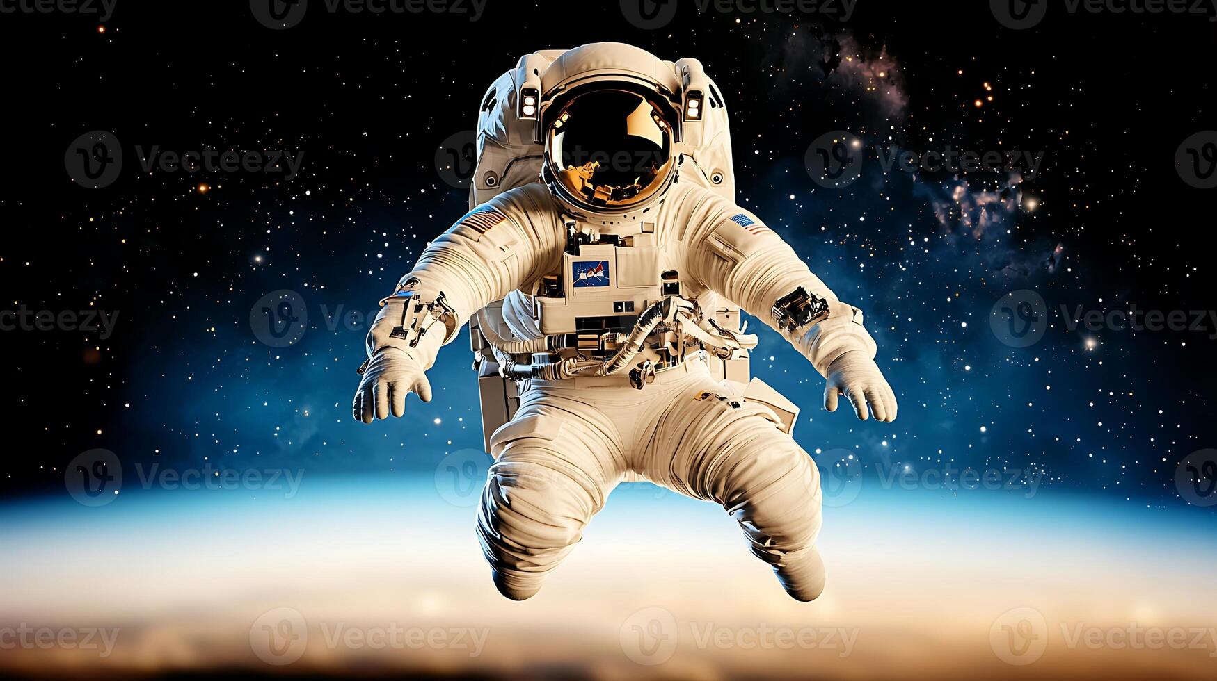 Astronaut floating in space above Earth, surrounded by stars and galaxies, exploring the cosmos photo
