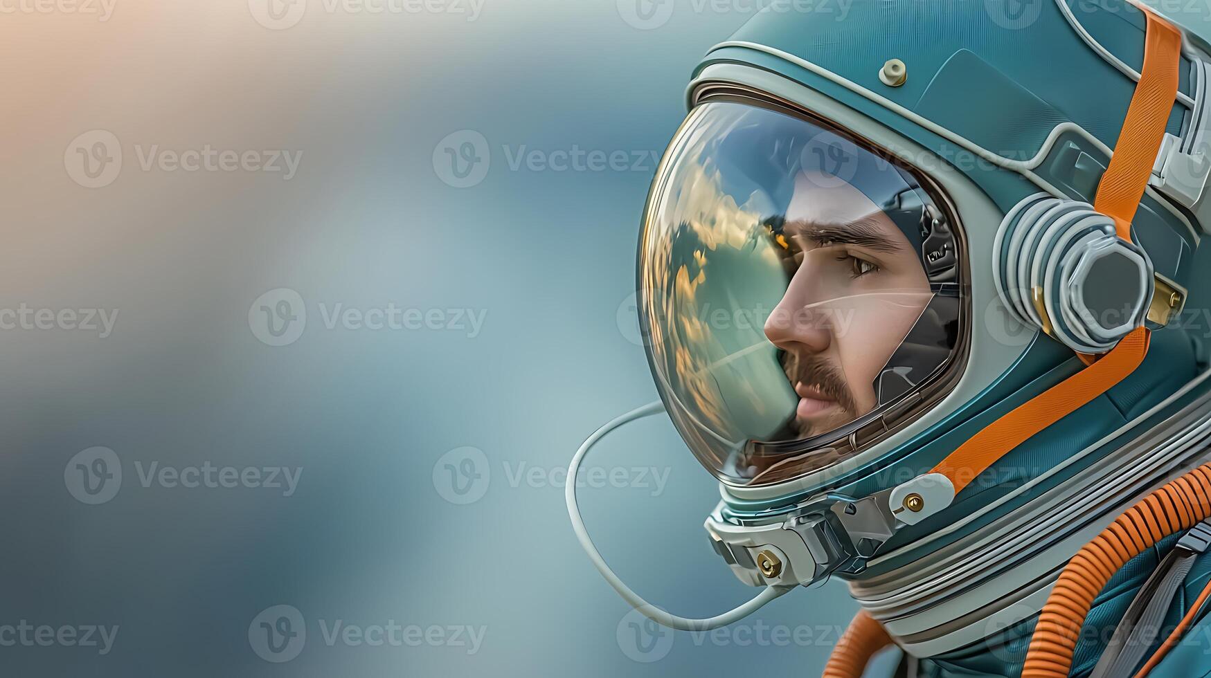 Astronaut in a futuristic helmet gazing into the distance with a cosmic backdrop photo