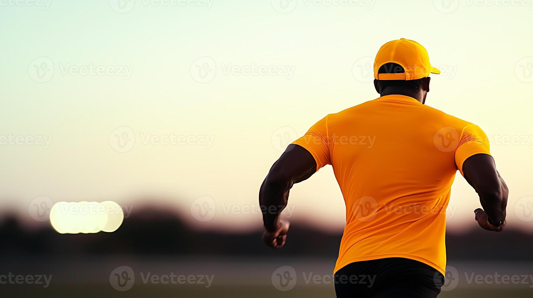 Athlete in bright yellow shirt running at sunset on a track with blurred lights in background photo