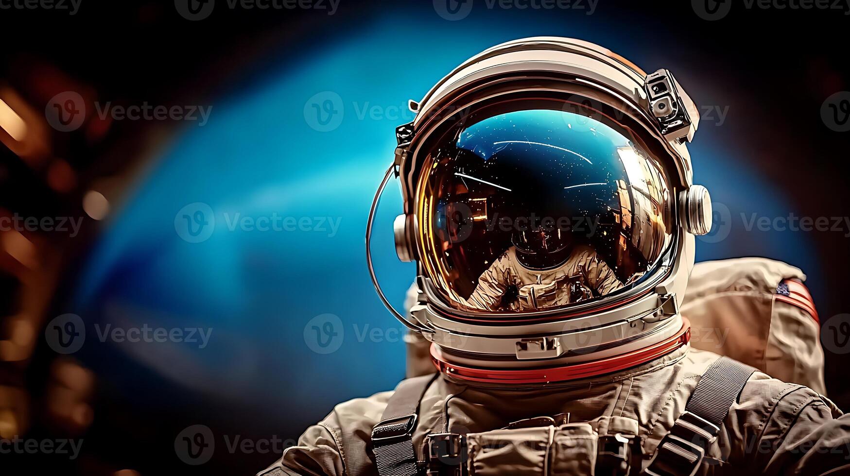 Astronaut in a space suit gazing at a vibrant blue background, evoking exploration and adventure photo