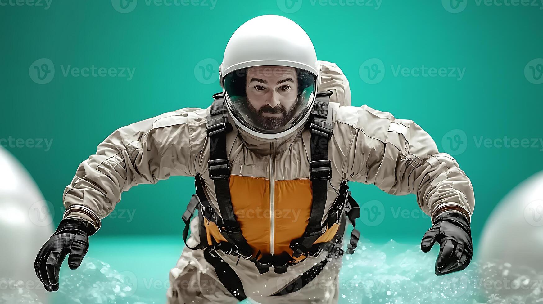 Astronaut in a spacesuit swimming through a surreal underwater environment with bubbles photo