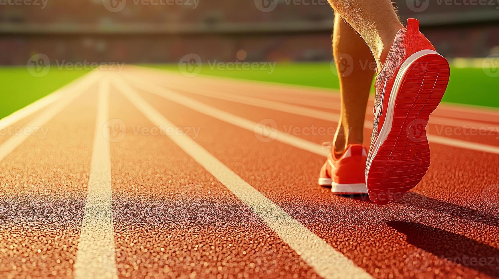 Athlete running on a vibrant red track with blurred stadium background during a sunny day photo