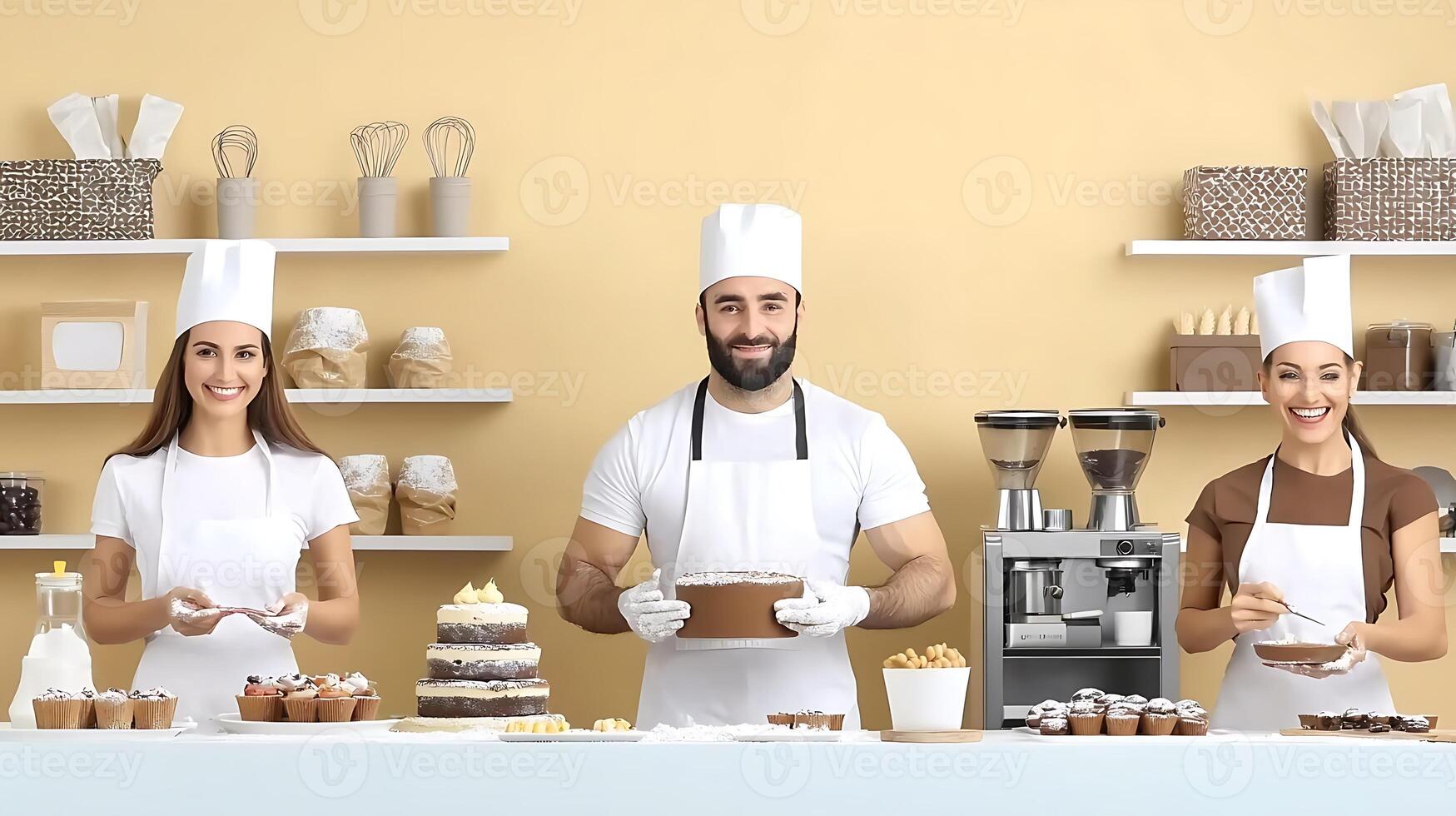 Bakers displaying a variety of desserts in a bright bakery with shelves of ingredients photo