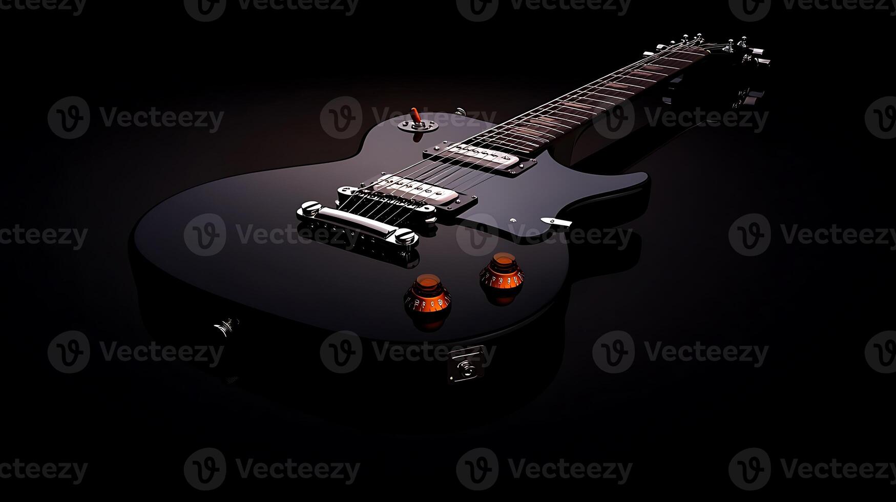 Black electric guitar angled on a dark surface with illuminated knobs and subtle reflections photo