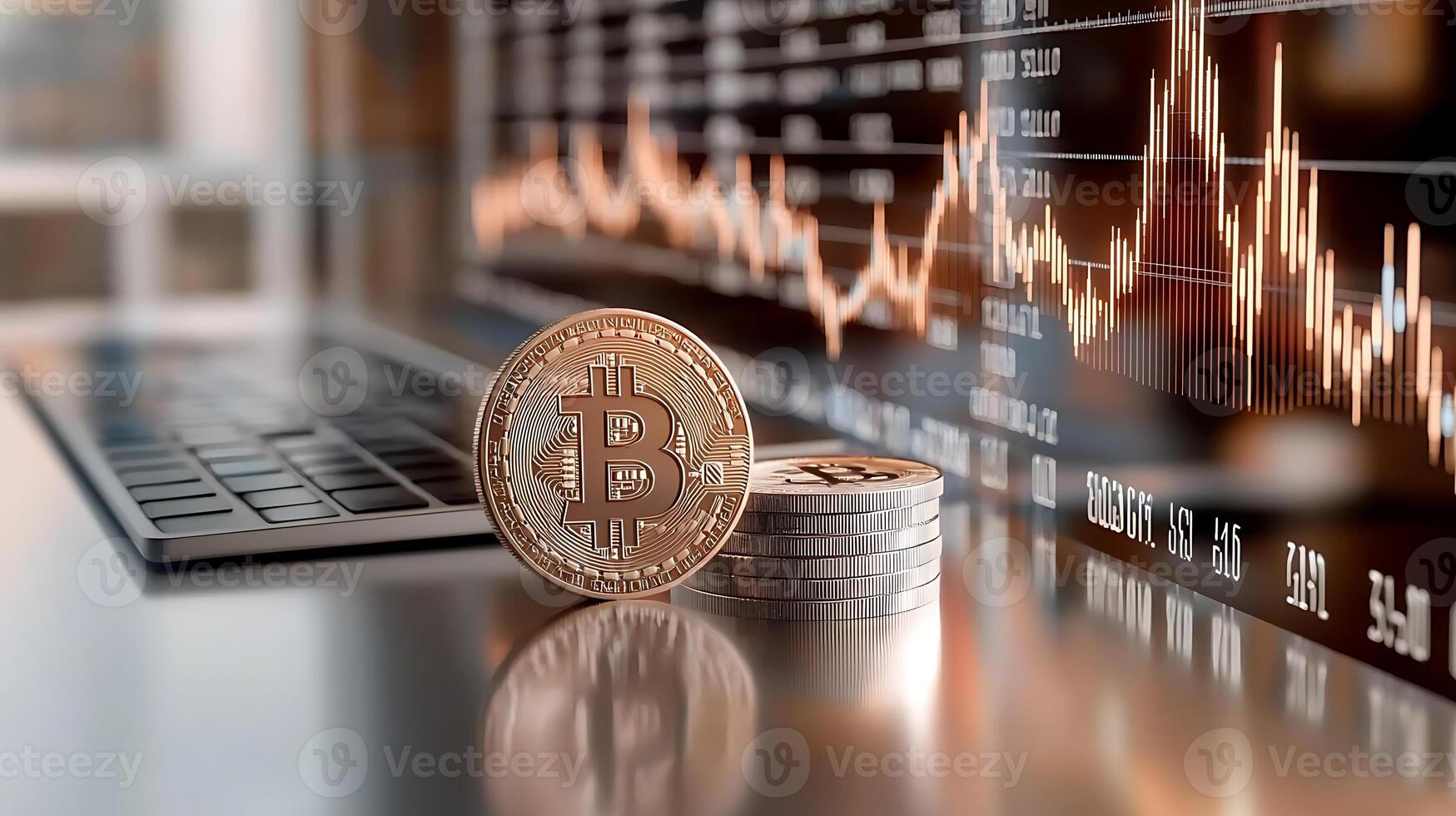 Bitcoin coins on a laptop keyboard with financial graphs in the background showing market trends photo