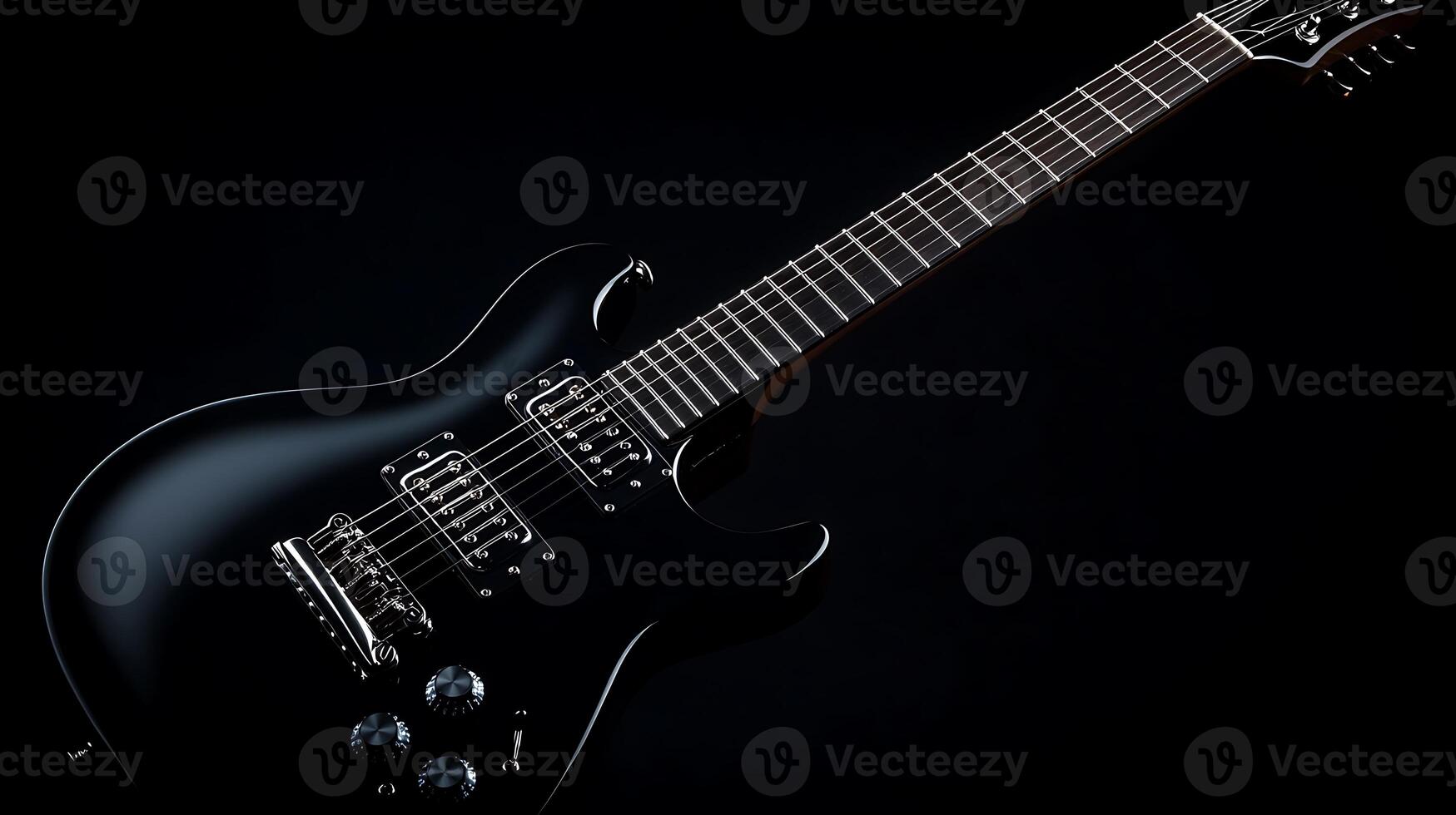 Black electric guitar showcased on a dark background, highlighting its sleek design and features photo