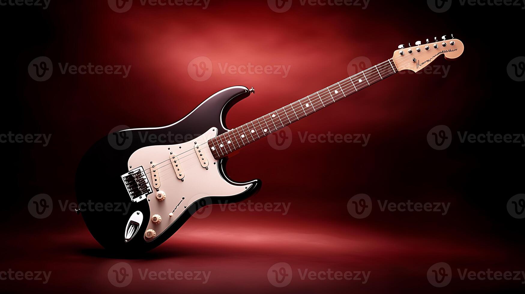 Black electric guitar positioned against a dramatic red backdrop, showcasing its sleek design and craftsmanship photo