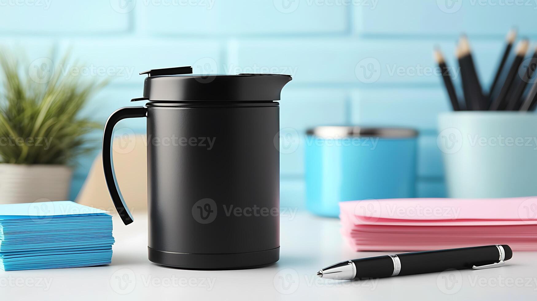 Black insulated mug on a desk surrounded by colorful sticky notes and stationery in a bright office photo