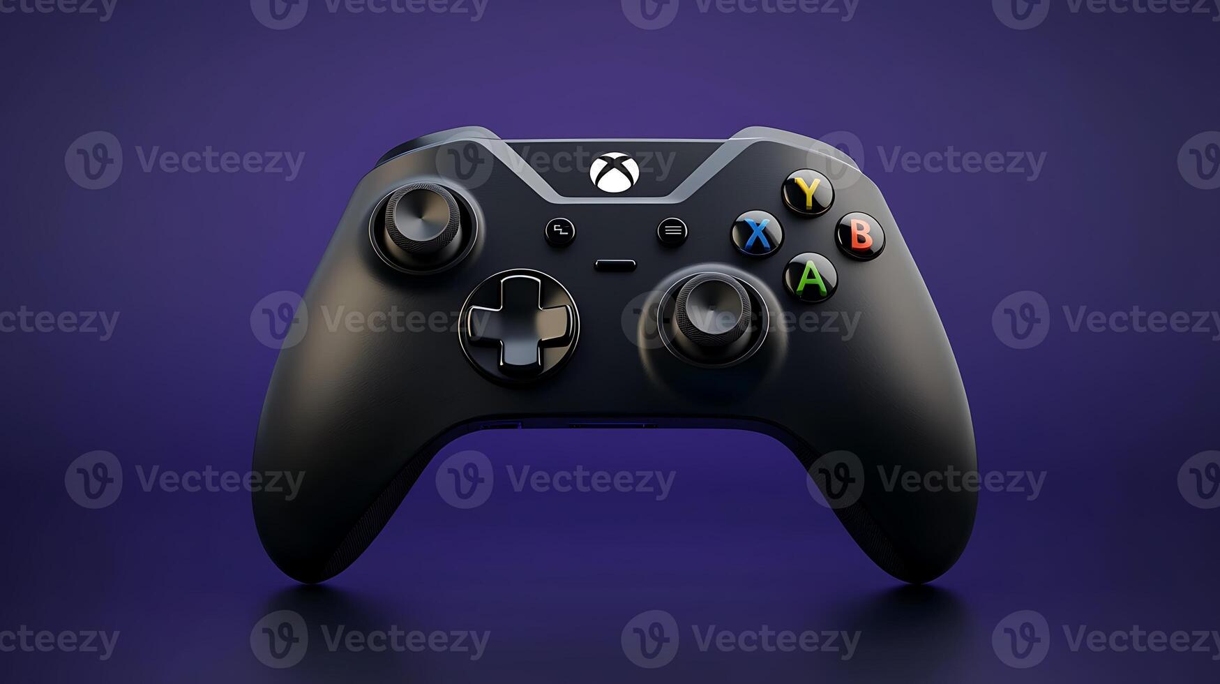 Black gaming controller on a vibrant purple background, highlighting its sleek design and features photo