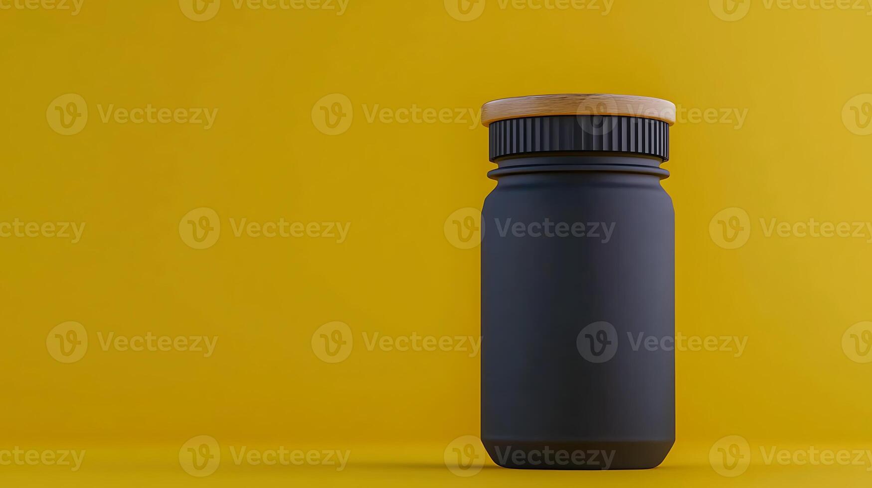 Black jar with wooden lid on vibrant yellow background, emphasizing modern design aesthetics photo