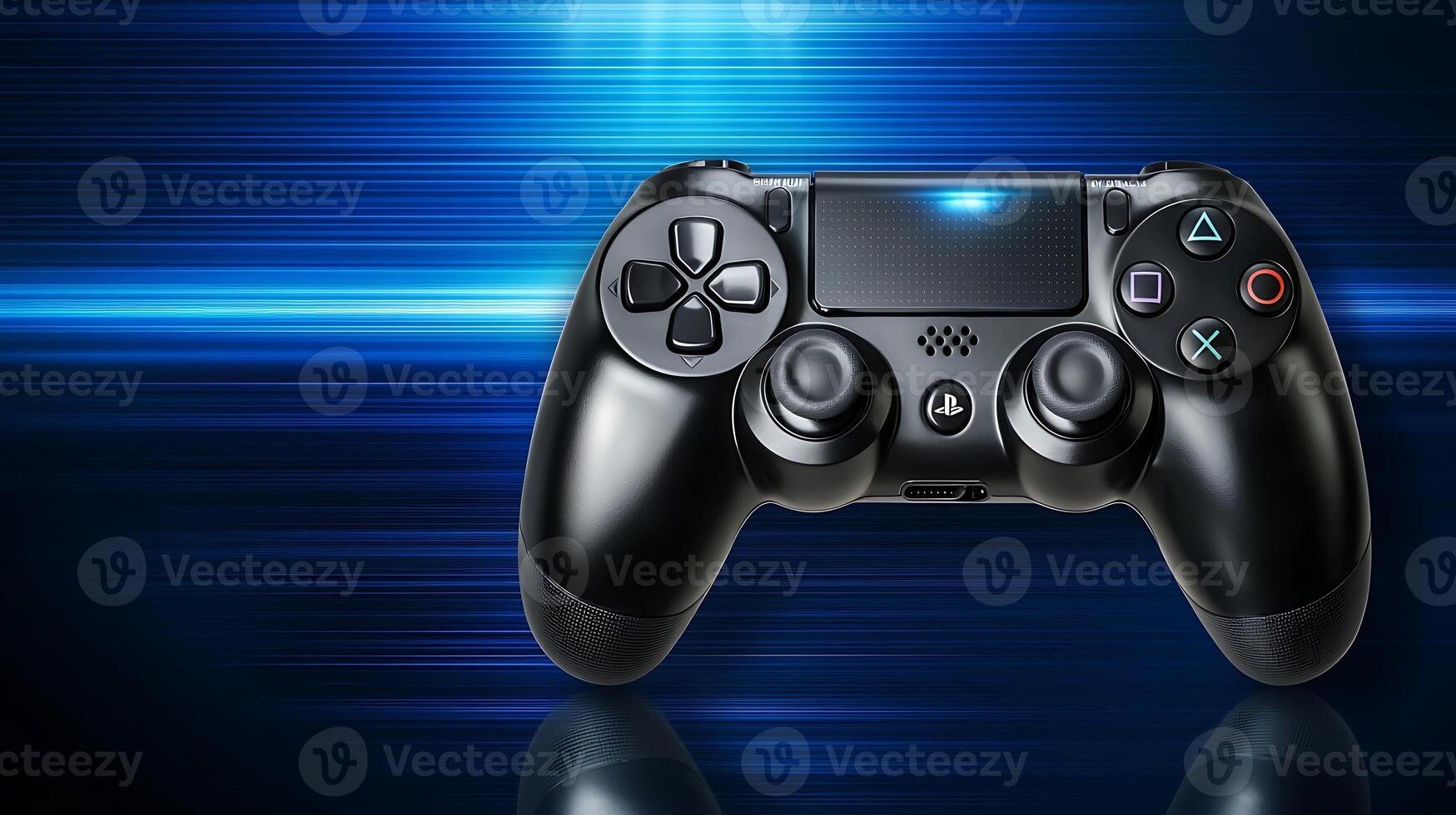 Black gaming controller on a blue abstract background with dynamic light streaks photo