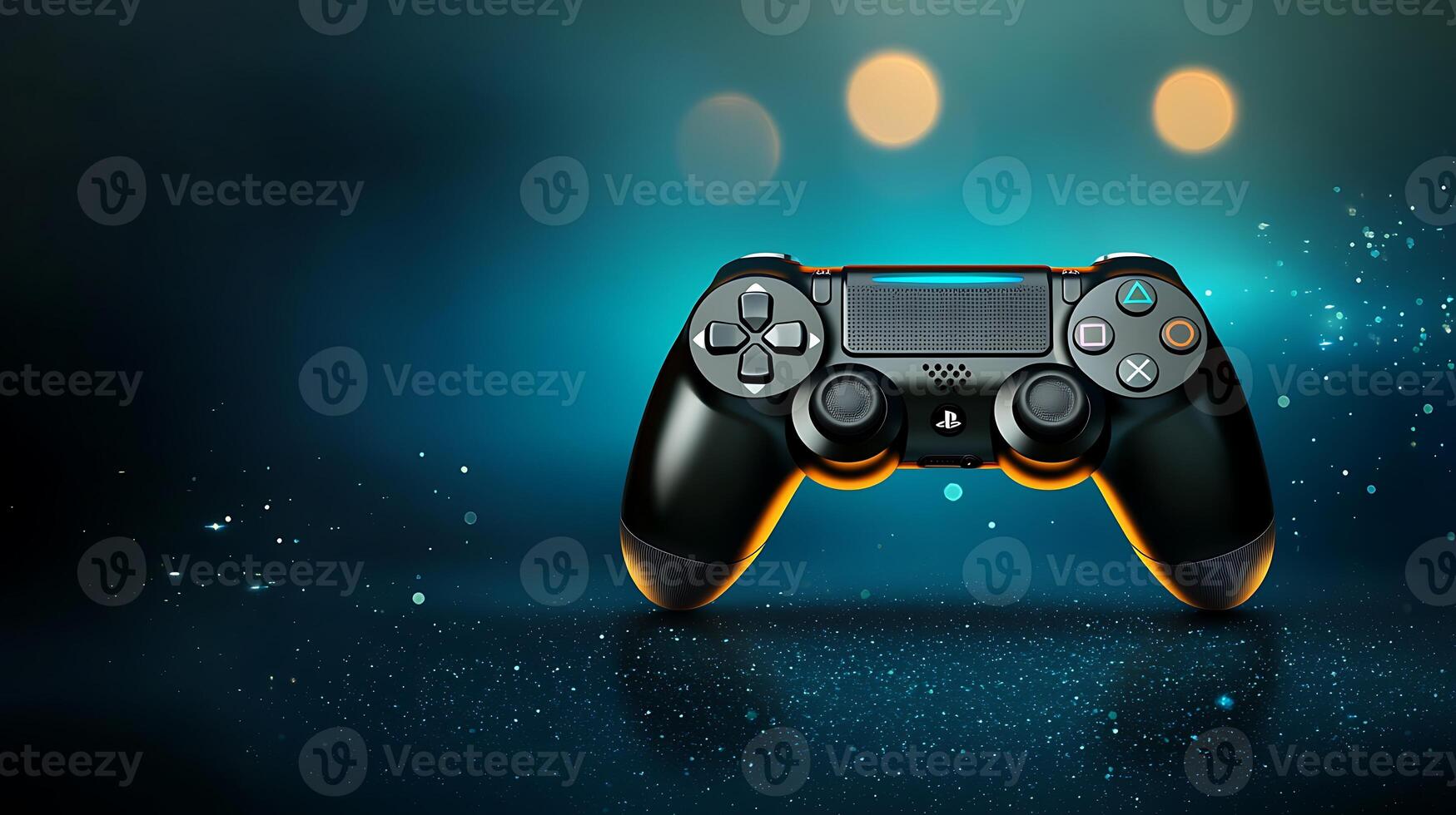 Black gaming controller on a blurred blue background with soft glowing lights photo