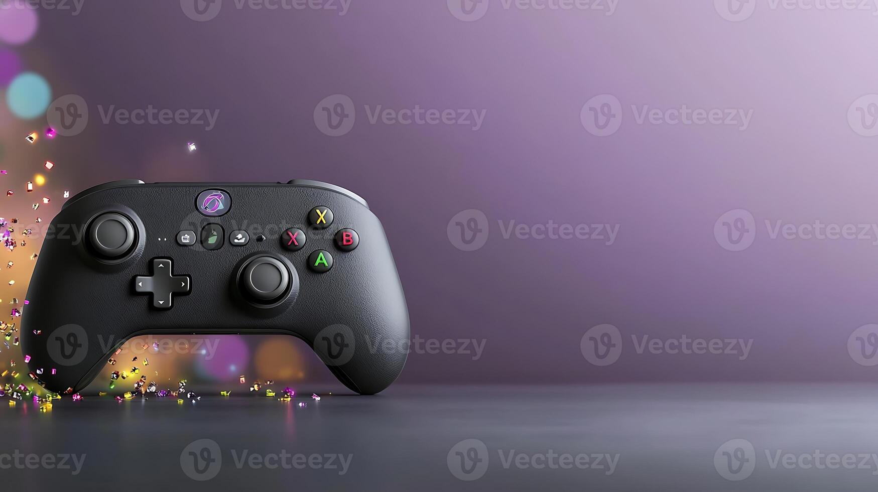 Black gaming controller on a sleek surface with colorful bokeh lights in the background photo