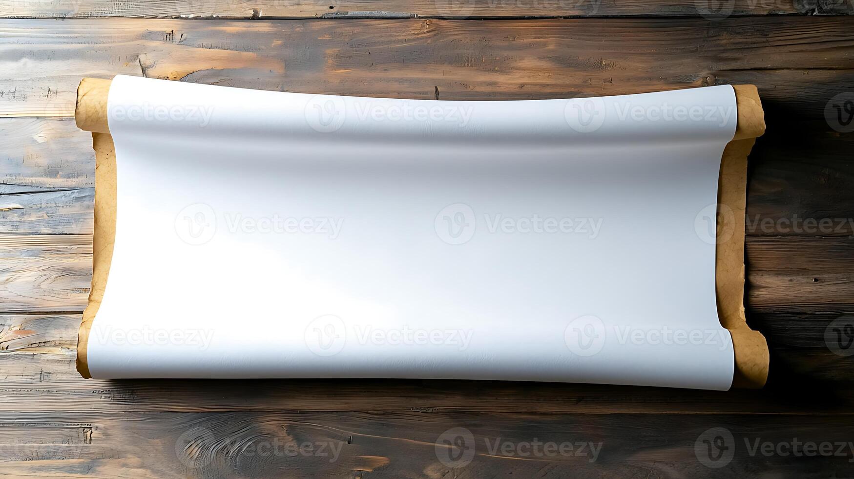 Blank scroll on wooden surface, inviting creativity, with natural textures in the background photo